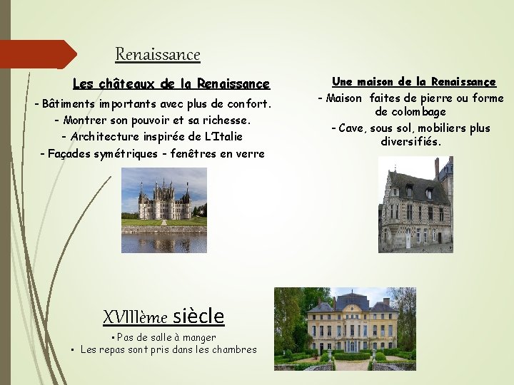Renaissance Les châteaux de la Renaissance - Bâtiments importants avec plus de confort. -