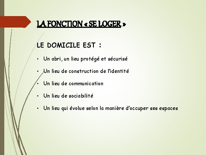 LA FONCTION « SE LOGER » LE DOMICILE EST : • Un abri, un