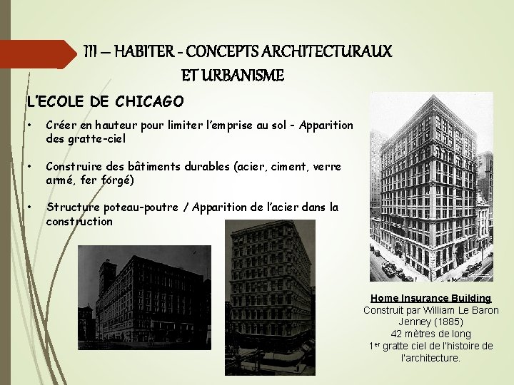 III – HABITER - CONCEPTS ARCHITECTURAUX ET URBANISME L’ECOLE DE CHICAGO • Créer en
