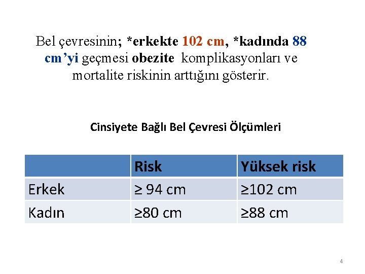 Bel çevresinin; *erkekte 102 cm, *kadında 88 cm’yi geçmesi obezite komplikasyonları ve mortalite riskinin