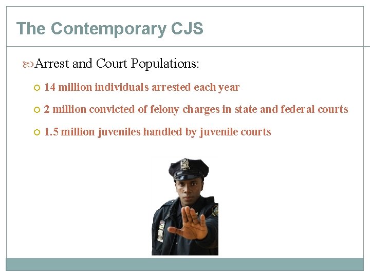 The Contemporary CJS Arrest and Court Populations: 14 million individuals arrested each year 2 The Contemporary CJS Arrest and Court Populations: 14 million individuals arrested each year 2