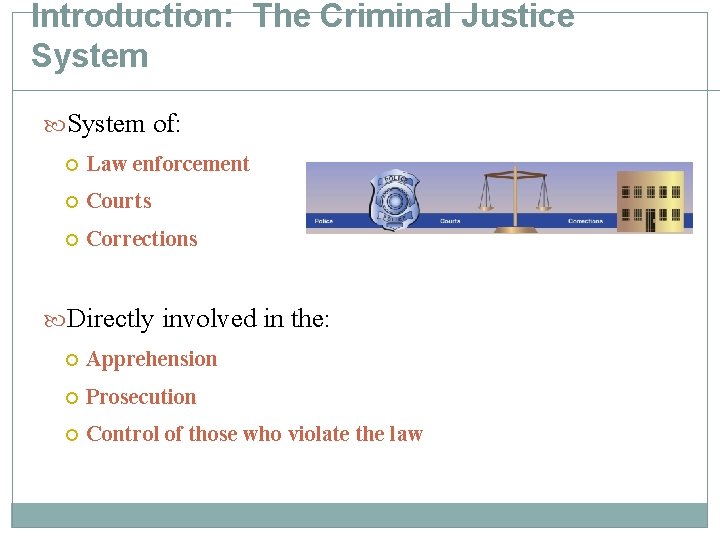 Introduction: The Criminal Justice System of: Law enforcement Courts Corrections Directly involved in the: Introduction: The Criminal Justice System of: Law enforcement Courts Corrections Directly involved in the: