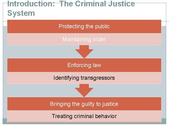 Introduction: The Criminal Justice System Protecting the public Maintaining order Enforcing law Identifying transgressors Introduction: The Criminal Justice System Protecting the public Maintaining order Enforcing law Identifying transgressors