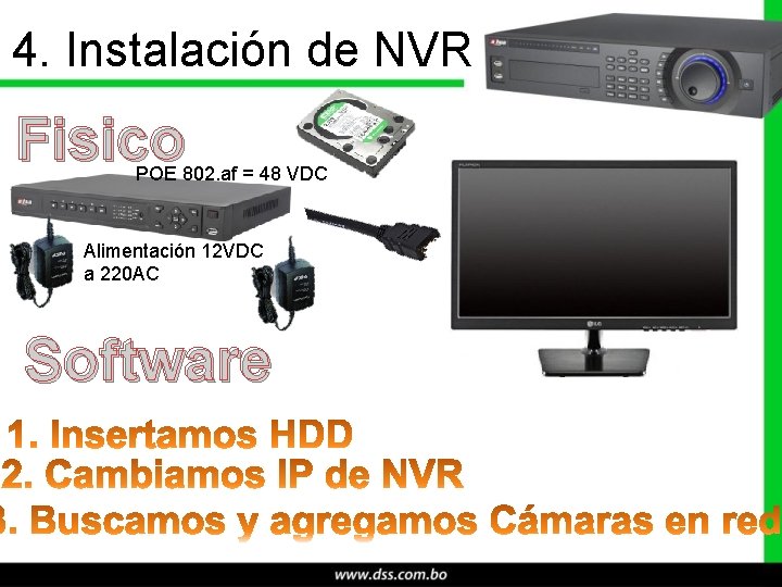 4. Instalación de NVR Fisico POE 802. af = 48 VDC Alimentación 12 VDC