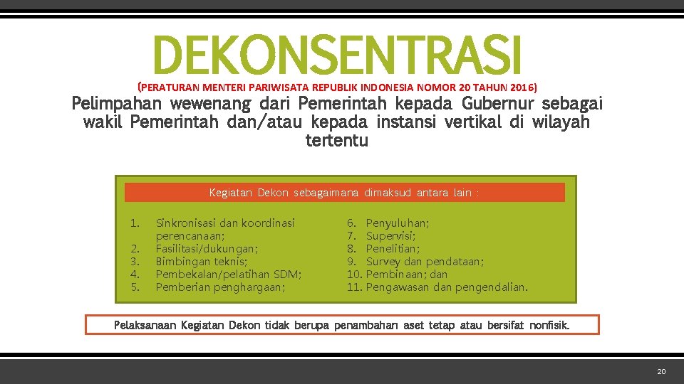 DEKONSENTRASI (PERATURAN MENTERI PARIWISATA REPUBLIK INDONESIA NOMOR 20 TAHUN 2016) Pelimpahan wewenang dari Pemerintah DEKONSENTRASI (PERATURAN MENTERI PARIWISATA REPUBLIK INDONESIA NOMOR 20 TAHUN 2016) Pelimpahan wewenang dari Pemerintah