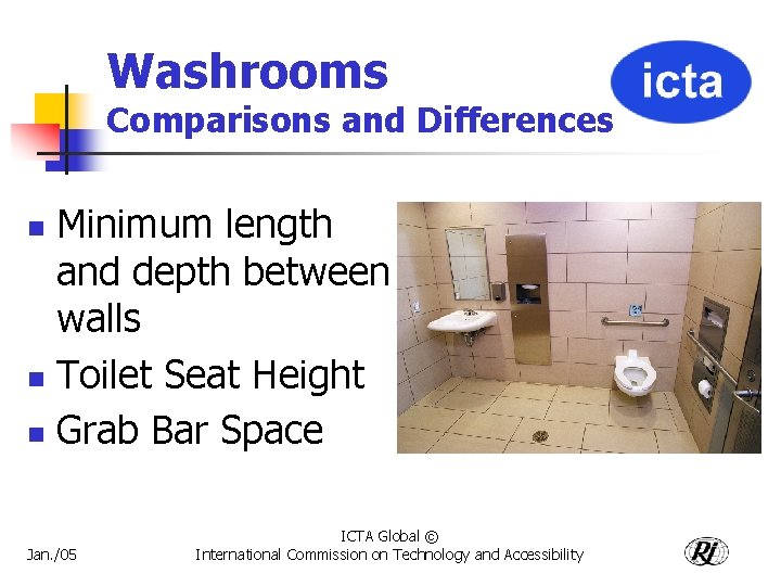 Washrooms Comparisons and Differences Minimum length and depth between walls n Toilet Seat Height