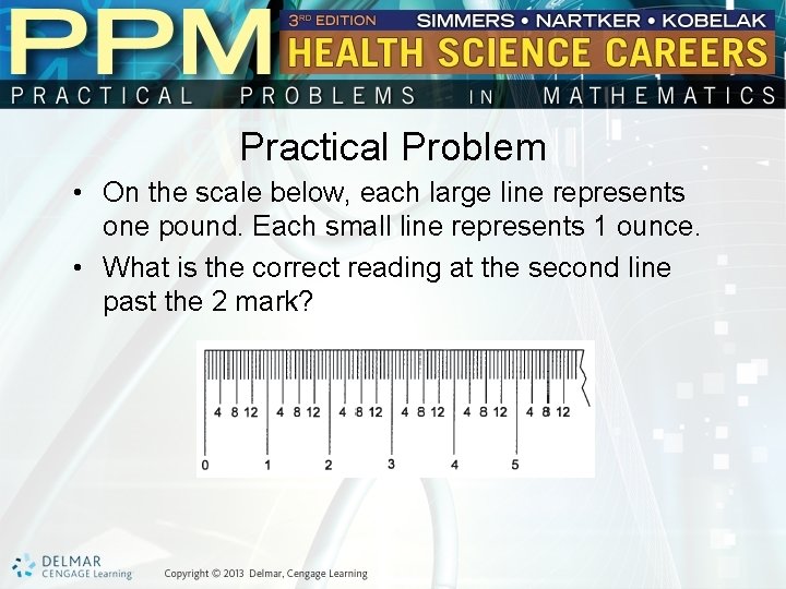 Practical Problem • On the scale below, each large line represents one pound. Each