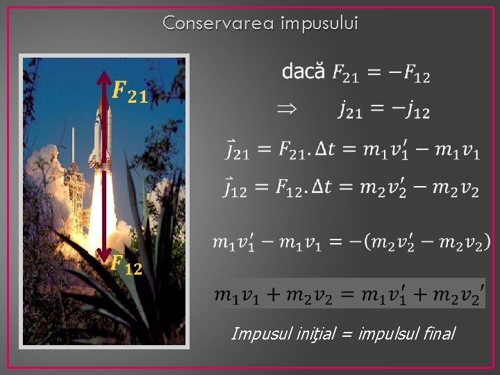 Conservarea impusului Impusul iniţial = impulsul final 