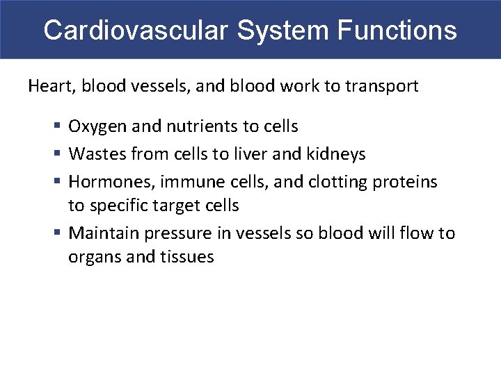 Cardiovascular System Functions Heart, blood vessels, and blood work to transport § Oxygen and