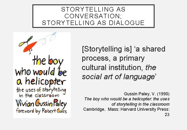 STORYTELLING AS CONVERSATION; STORYTELLING AS DIALOGUE [Storytelling is] ‘a shared process, a primary cultural