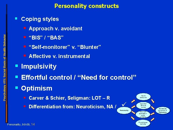 Personality constructs Psychology 415; Social Basis of Health Behavior § Coping styles § §