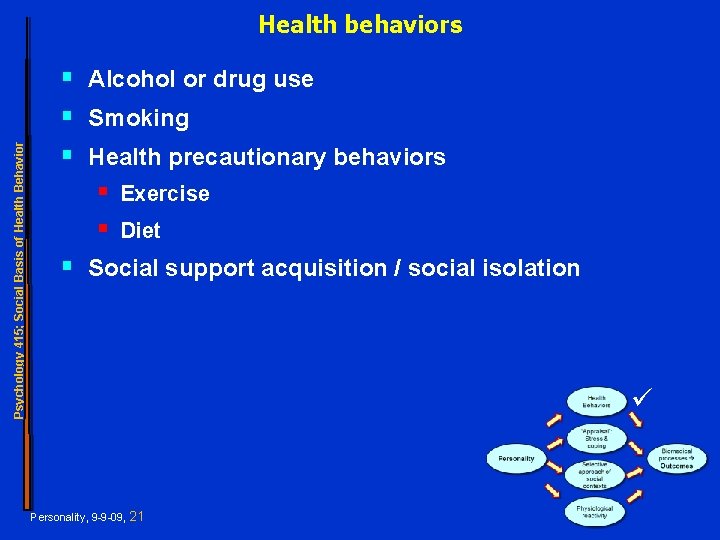 Psychology 415; Social Basis of Health Behavior Health behaviors § Alcohol or drug use