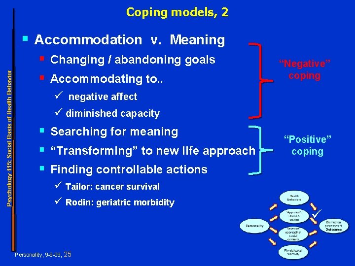 Coping models, 2 Psychology 415; Social Basis of Health Behavior § Accommodation v. Meaning