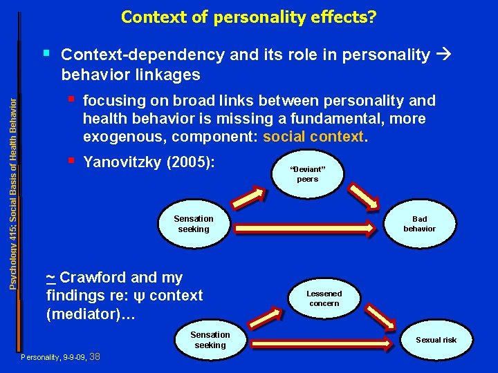 Context of personality effects? § Context-dependency and its role in personality Psychology 415; Social