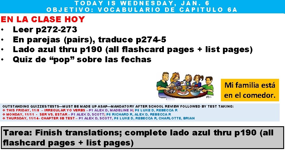 TODAY IS WEDNESDAY, JAN. 6 OBJETIVO: VOCABULARIO DE CAPITULO 6 A EN LA CLASE