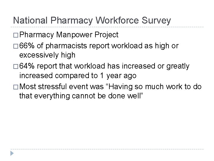 National Pharmacy Workforce Survey � Pharmacy Manpower Project � 66% of pharmacists report workload