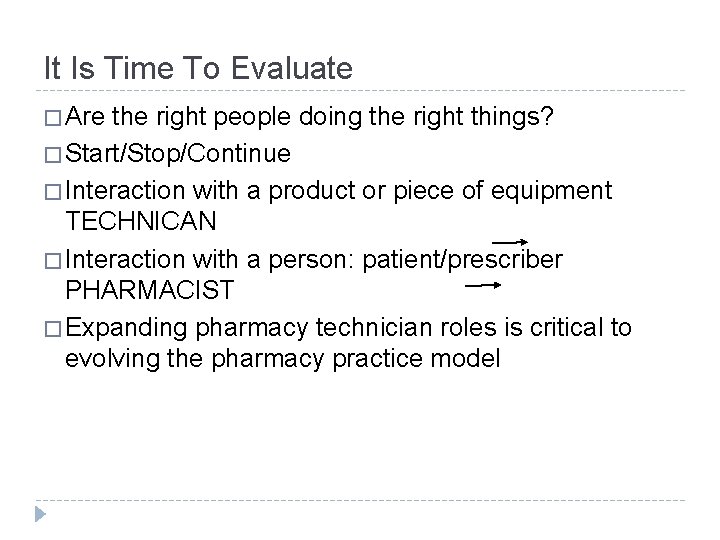 It Is Time To Evaluate � Are the right people doing the right things?
