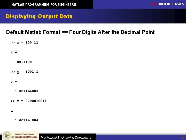 MATLAB PROGRAMMING FOR ENGINEERS CH 2: MATLAB BASICS Displaying Output Data Default Matlab Format MATLAB PROGRAMMING FOR ENGINEERS CH 2: MATLAB BASICS Displaying Output Data Default Matlab Format