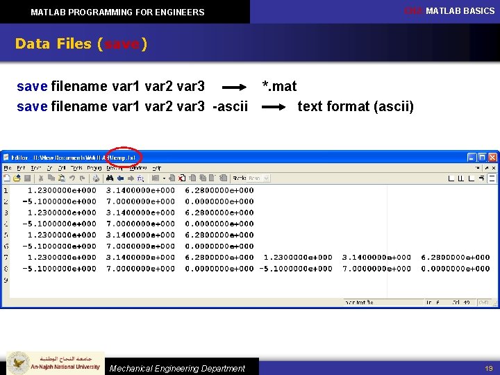 CH 2: MATLAB BASICS MATLAB PROGRAMMING FOR ENGINEERS Data Files (save) save filename var