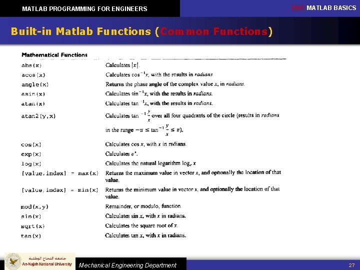 MATLAB PROGRAMMING FOR ENGINEERS CH 2: MATLAB BASICS Built-in Matlab Functions (Common Functions) Mechanical