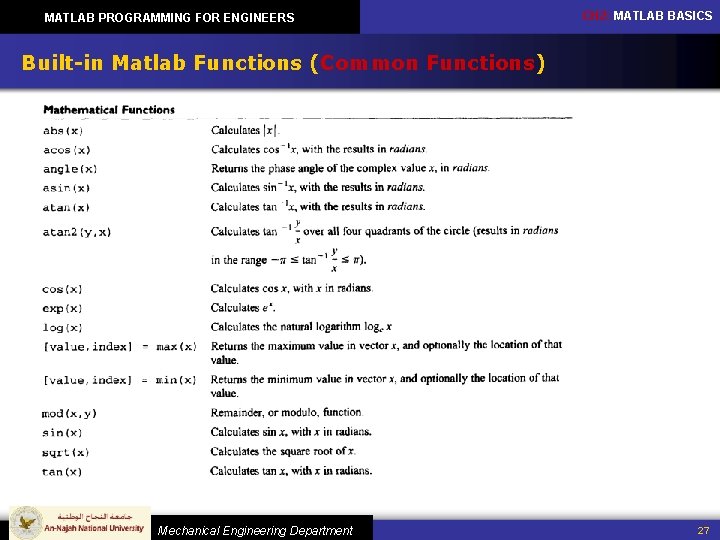 MATLAB PROGRAMMING FOR ENGINEERS CH 2: MATLAB BASICS Built-in Matlab Functions (Common Functions) Mechanical MATLAB PROGRAMMING FOR ENGINEERS CH 2: MATLAB BASICS Built-in Matlab Functions (Common Functions) Mechanical