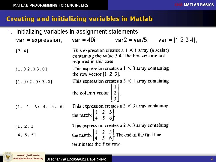 MATLAB PROGRAMMING FOR ENGINEERS CH 2: MATLAB BASICS Creating and initializing variables in Matlab MATLAB PROGRAMMING FOR ENGINEERS CH 2: MATLAB BASICS Creating and initializing variables in Matlab