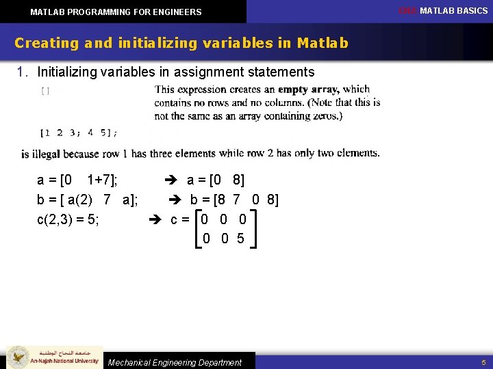 MATLAB PROGRAMMING FOR ENGINEERS CH 2: MATLAB BASICS Creating and initializing variables in Matlab MATLAB PROGRAMMING FOR ENGINEERS CH 2: MATLAB BASICS Creating and initializing variables in Matlab