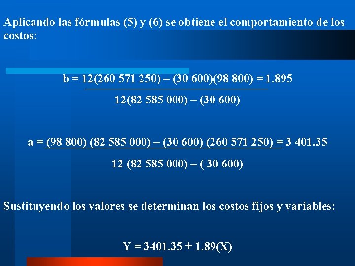 Aplicando las fórmulas (5) y (6) se obtiene el comportamiento de los costos: b