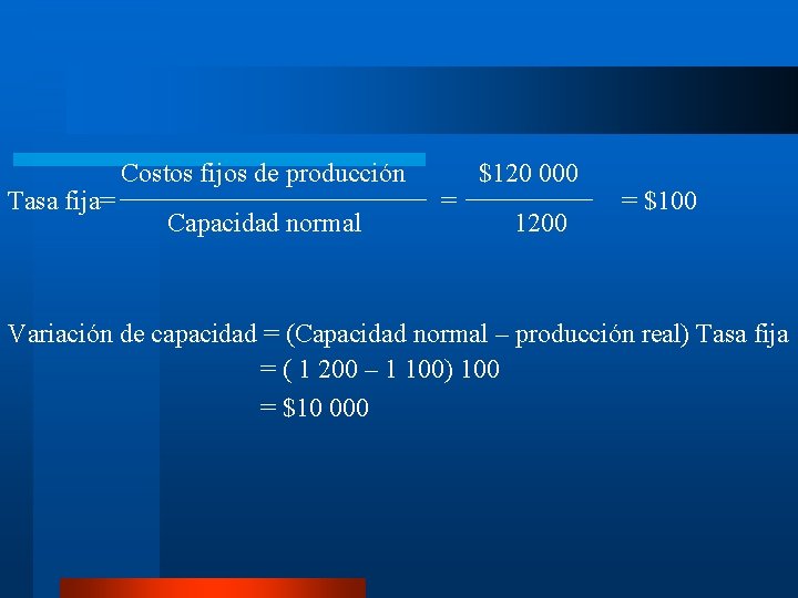 Tasa fija= Costos fijos de producción Capacidad normal = $120 000 1200 = $100