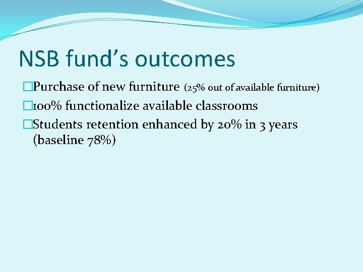 NSB fund’s outcomes �Purchase of new furniture (25% out of available furniture) � 100%