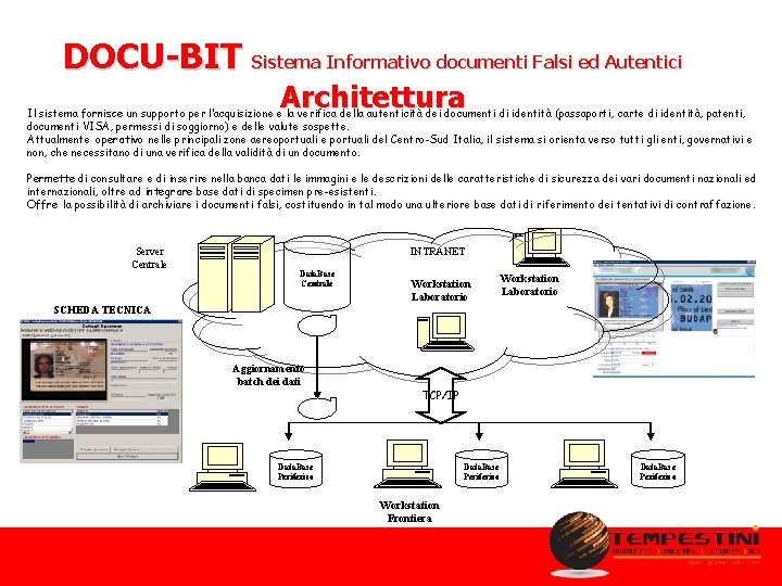 DOCU-BIT Sistema Informativo documenti Falsi ed Autentici Architettura Il sistema fornisce un supporto per