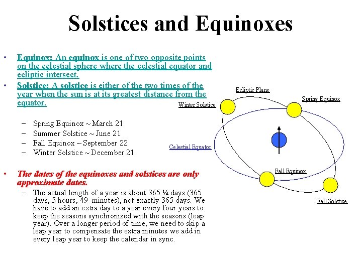 Solstices and Equinoxes • • Equinox: An equinox is one of two opposite points