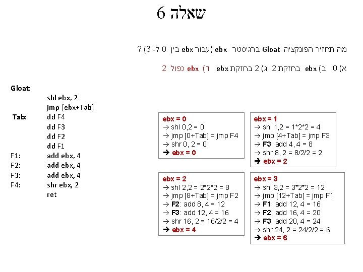 6 שאלה ? (3 - ל 0 בין ebx )עבור ebx ברגיסטר Gloat מה