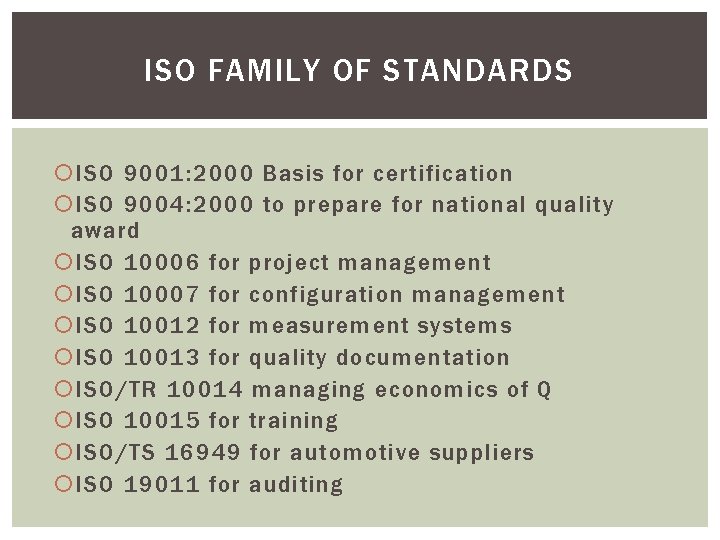 ISO FAMILY OF STANDARDS ISO 9001: 2000 Basis for certification ISO 9004: 2000 to