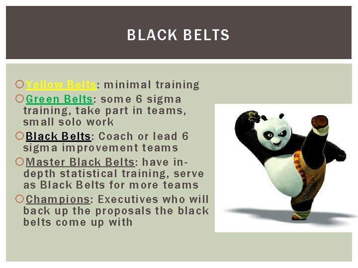 BLACK BELTS Yellow Belts: minimal training Green Belts: some 6 sigma training, take part