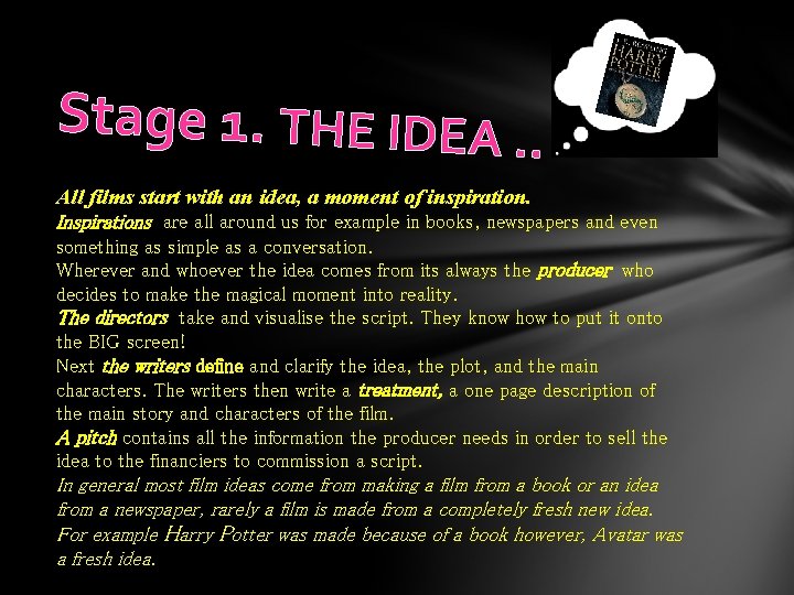 Stage 1. THE IDEA. . All films start with an idea, a moment of