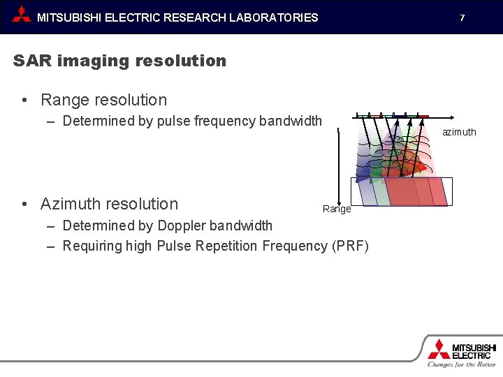 MITSUBISHI ELECTRIC RESEARCH LABORATORIES 7 SAR imaging resolution • Range resolution – Determined by