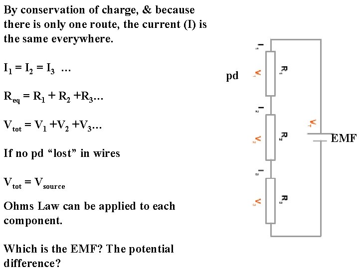 By conservation of charge, & because there is only one route, the current (I)