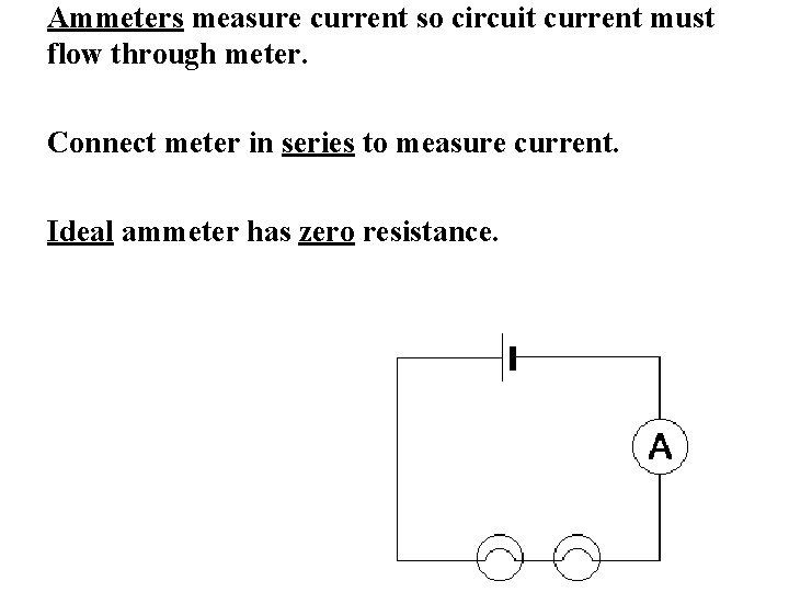 Ammeters measure current so circuit current must flow through meter. Connect meter in series