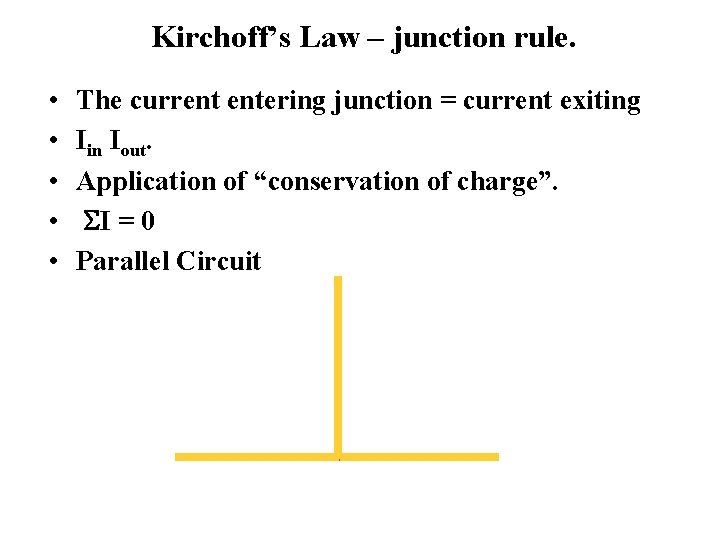 Kirchoff’s Law – junction rule. • • • The current entering junction = current