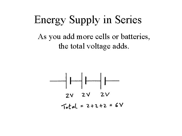 Energy Supply in Series As you add more cells or batteries, the total voltage