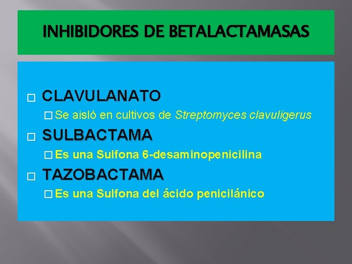 INHIBIDORES DE BETALACTAMASAS � CLAVULANATO � Se � SULBACTAMA � Es � aisló en INHIBIDORES DE BETALACTAMASAS � CLAVULANATO � Se � SULBACTAMA � Es � aisló en