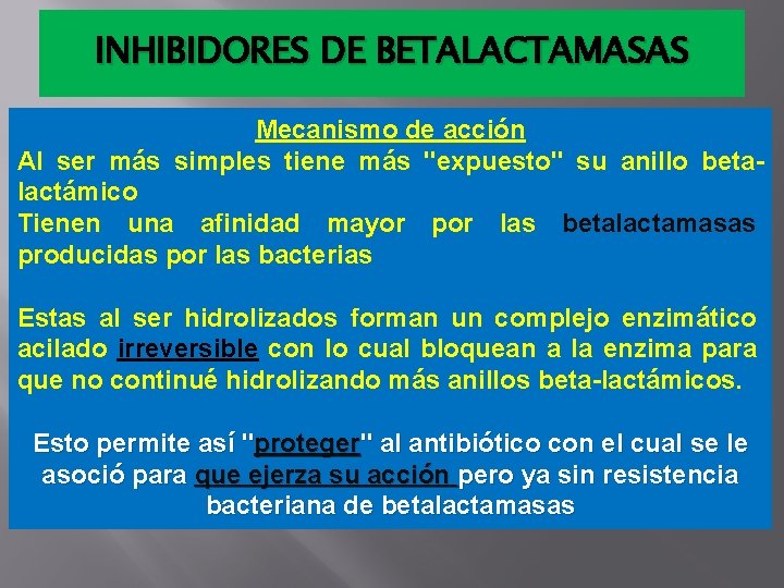 INHIBIDORES DE BETALACTAMASAS Mecanismo de acción Al ser más simples tiene más "expuesto" su INHIBIDORES DE BETALACTAMASAS Mecanismo de acción Al ser más simples tiene más "expuesto" su