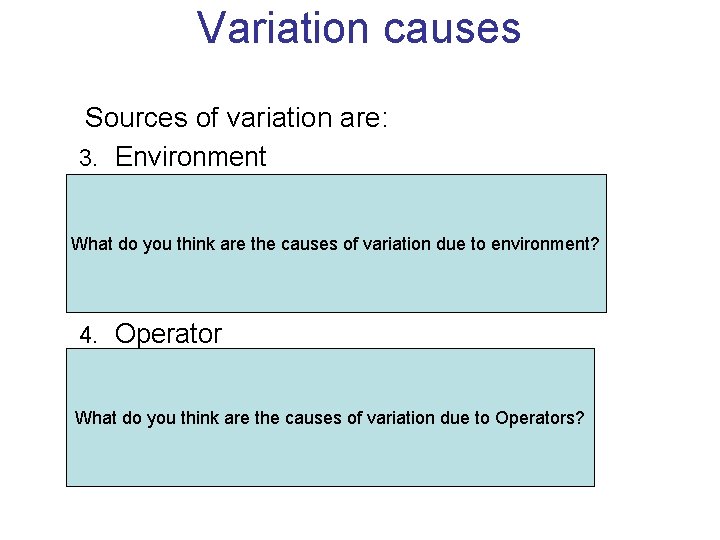 Variation causes Sources of variation are: 3. Environment 1. Temperature 2. Light What do