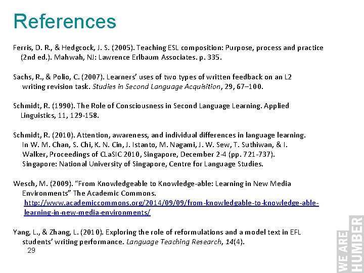 References Ferris, D. R. , & Hedgcock, J. S. (2005). Teaching ESL composition: Purpose,