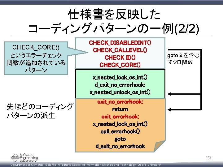 仕様書を反映した コーディングパターンの一例(2/2) CHECK_CORE() というエラーチェック 関数が追加されている パターン CHECK_DISABLEDINT() CHECK_CALLEVEL() CHECK_ID() CHECK_CORE() goto文を含む マクロ関数 x_nested_lock_os_int() d_exit_no_errorhook: