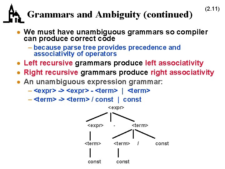 Grammars and Ambiguity (continued) (2. 11) · We must have unambiguous grammars so compiler