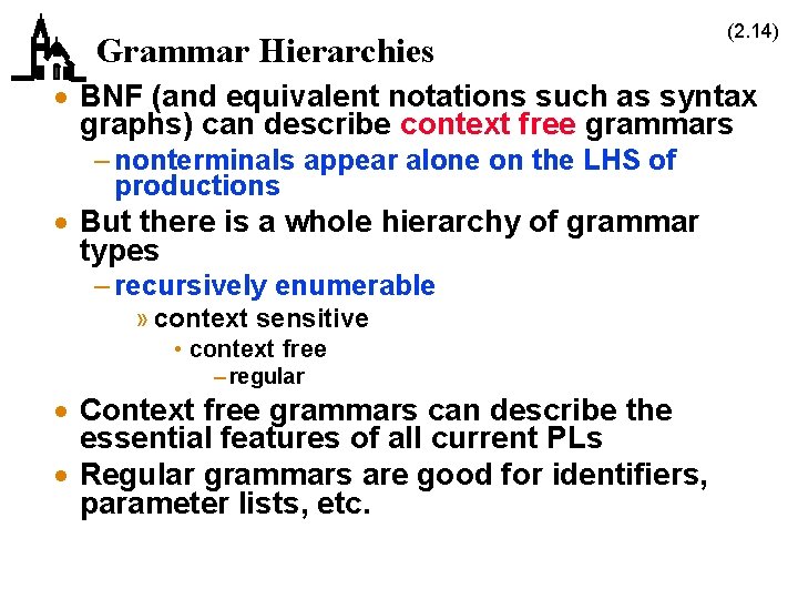 Grammar Hierarchies (2. 14) · BNF (and equivalent notations such as syntax graphs) can