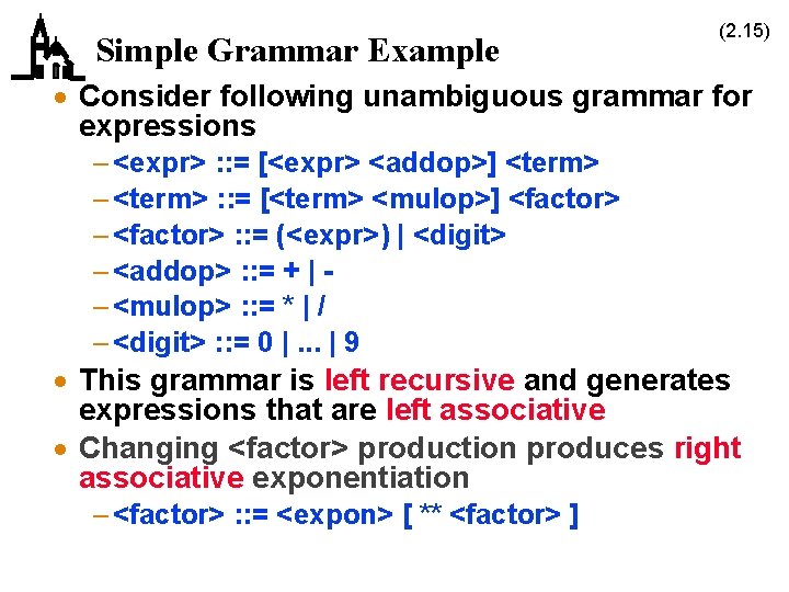 Simple Grammar Example (2. 15) · Consider following unambiguous grammar for expressions – <expr>