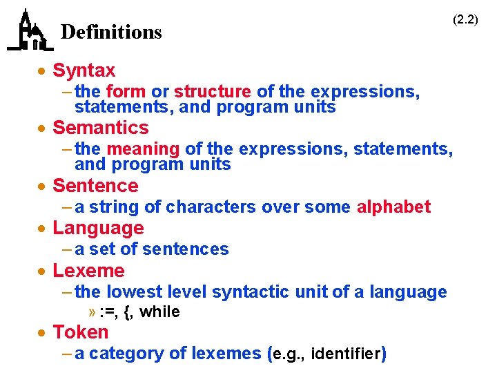 Definitions · Syntax – the form or structure of the expressions, statements, and program